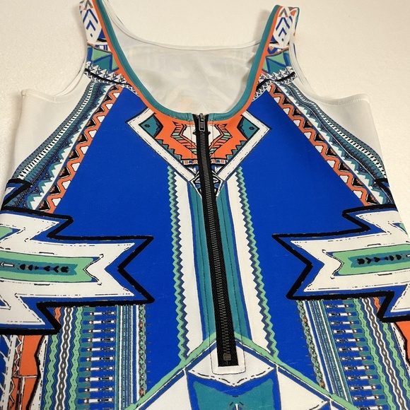 Peach Puff Dress Womens Small Blue Green Aztec Sleeveless Bodycon Geometric Mini - Picture 6 of 14